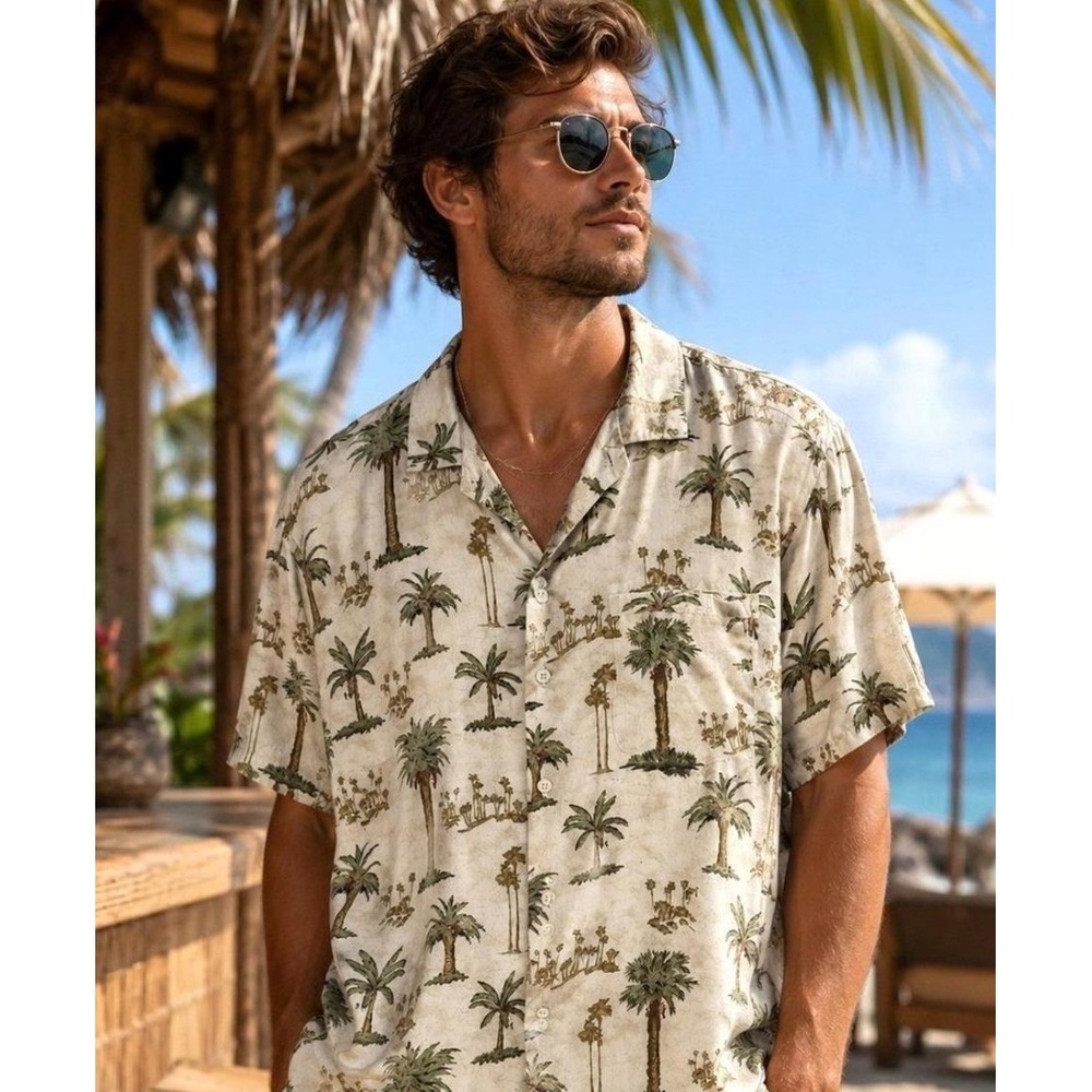 Rima Beachworld Mens Small Palm Tree Tropical Button Down Shirt Tan Short Sleeve